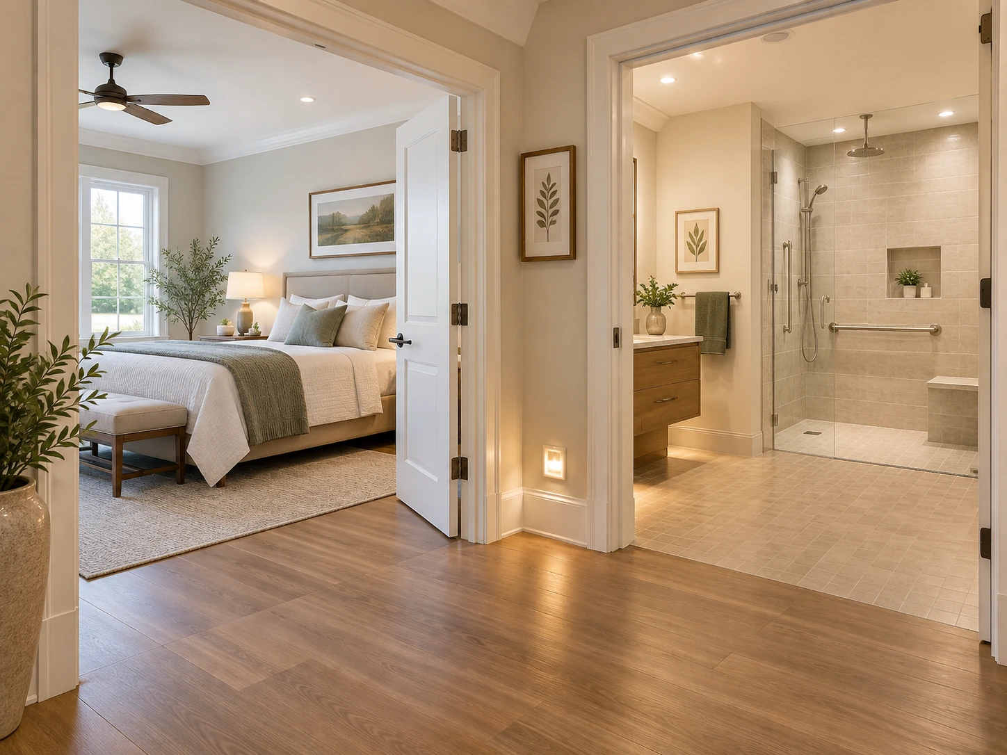 Accessible bedroom and zero-entry bathroom designed for aging in place with wide clear pathways and integrated safety features
