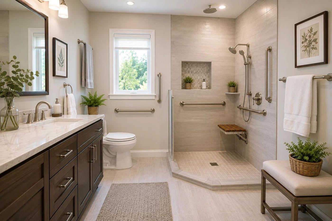 Accessible bathroom with zero-entry shower, grab bars, and fold-down seat