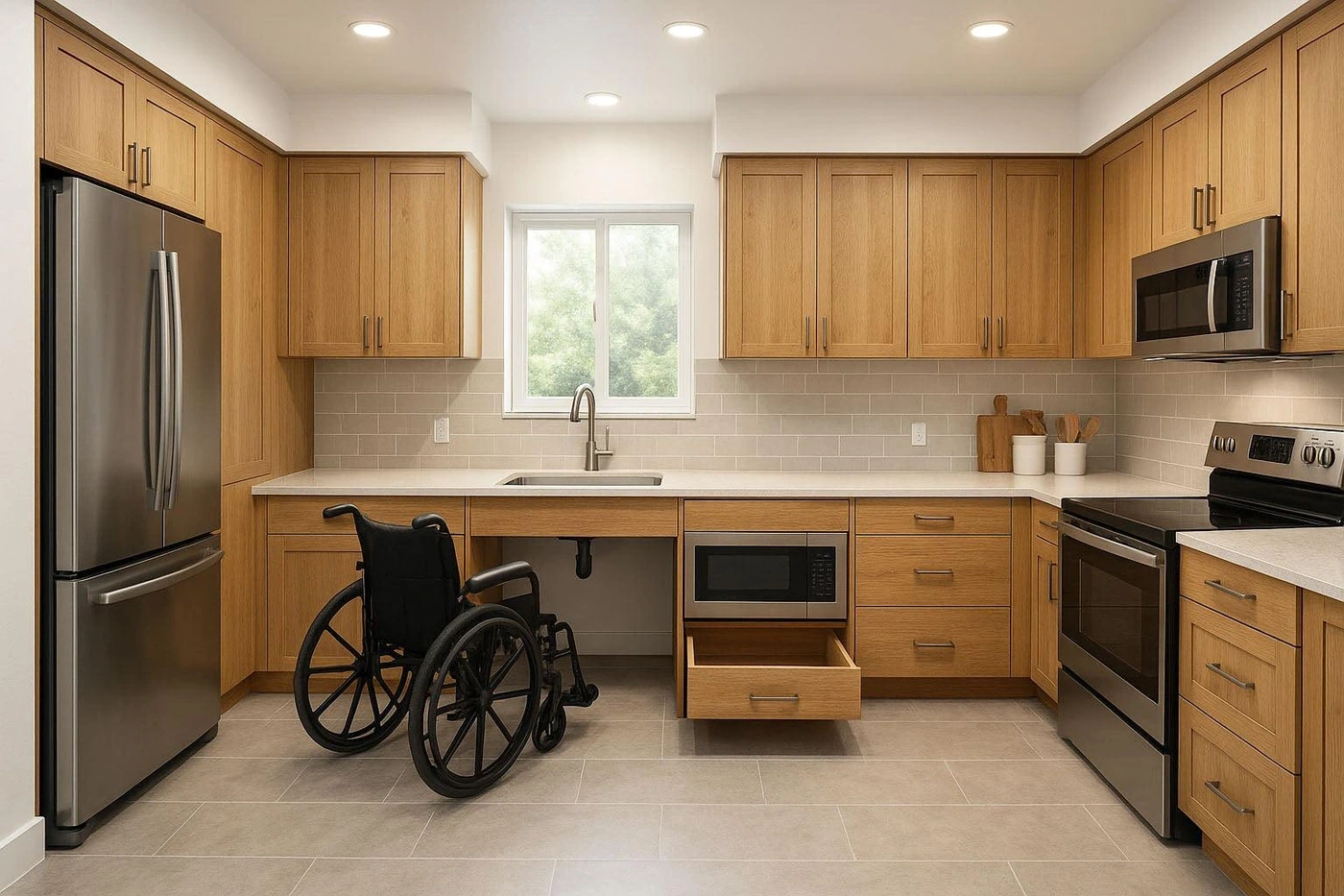 Accessible kitchen with wheelchair knee clearance and reachable storage