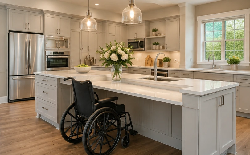 Accessible kitchen designed for aging in place with wheelchair-friendly work space and clear circulation